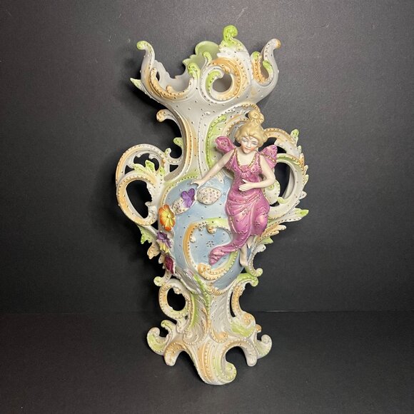 Saxony Other - Vintage Rare Saxony Art Nouveau Porcelain Floral Woman Figural Vase 12.5"